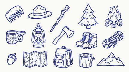 Fototapeta premium Collection of hand-drawn outdoor adventure and camping icons, including a backpack, map, lantern, and axe.
