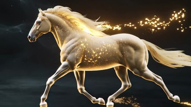 Golden Light Horse in Motion on Black Background