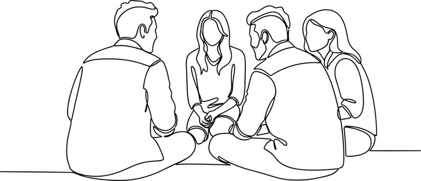 Continuous line drawing of four people sitting in circle and talking to each other for support.
