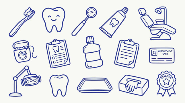 Collection of cute hand-drawn dental care icons and symbols for a healthy smile.