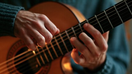 Obraz premium Close up of male hands playing an acoustic guitar in warm lighting