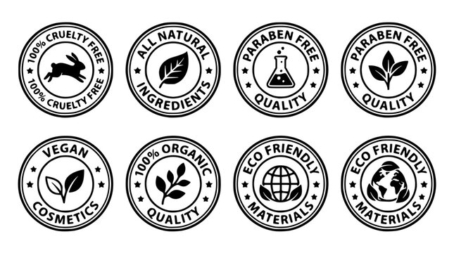 Black and white vector graphic illustration of eco friendly labels