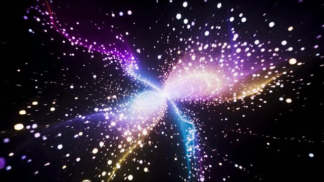 Colorful Particle Explosion with Glowing Energy Streams on a Dark Background