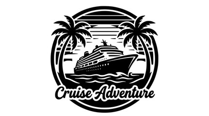 Obraz premium Black and white cruise ship vector graphic with palm trees