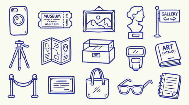 Collection of hand-drawn icons representing museum exhibits and visitor experiences.