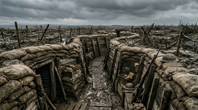 Trench with Sandbags in Somber Landscape Under Dark Clouds