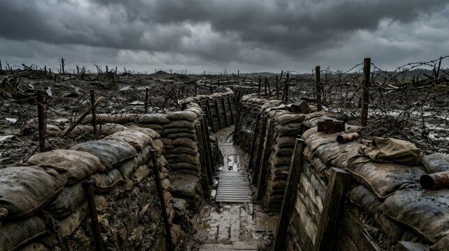 Battlefield Trench Surrounded by Sandbags in a Dramatic Landscape
