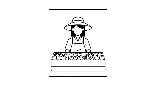 Farmer Woman Selling Fresh Fruits at Market Stall, Line Art Icon