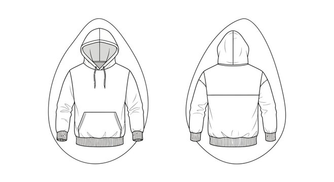 Fashion flat sketch: hoodie with front pocket, front and back view, outline drawing