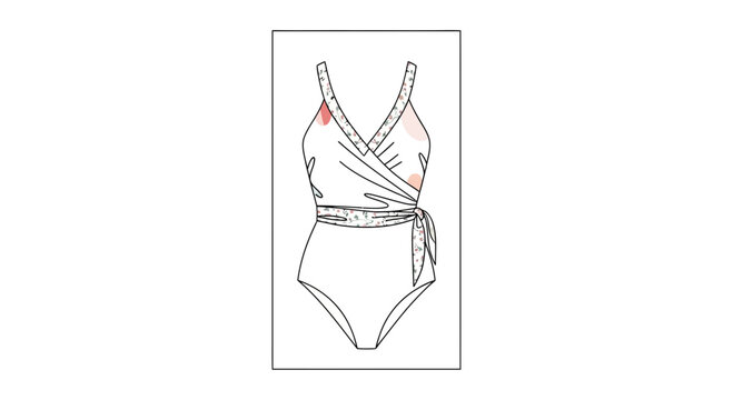 Fashion sketch of a white wrap swimsuit with floral belt and pink accents