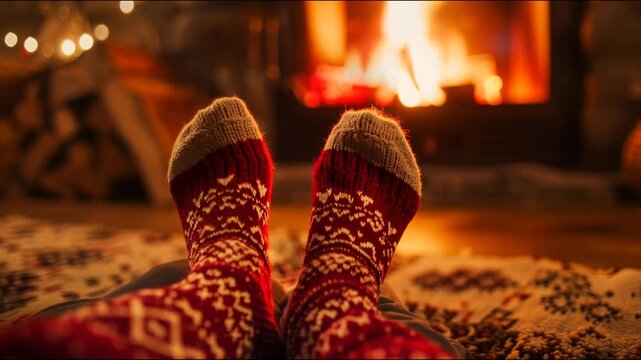 Cozy Knitted Socks by a Warm Fireplace Creating a Relaxing Winter Atmosphere