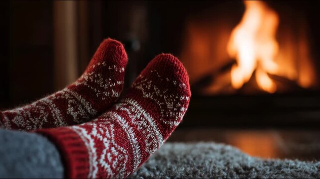 Warm Feet in Christmas Socks Near Cozy Fireplace
