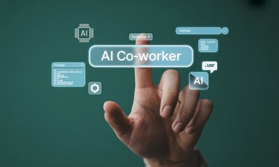 Fototapeta premium Person touching futuristic interactive screen with AI co worker interface and digital icons symbolizing technology advancement.