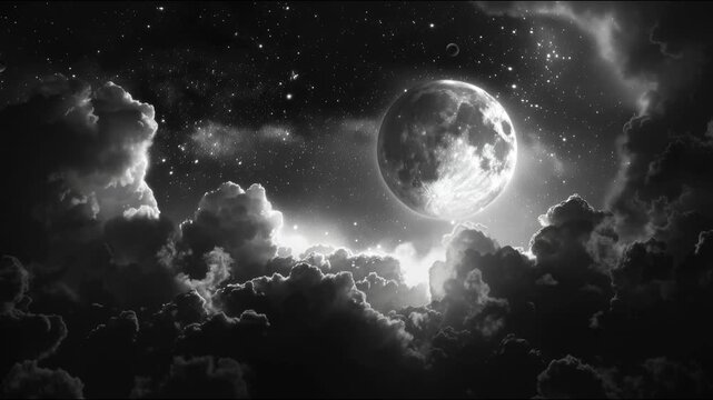 Full Moon Above Dramatic Clouds in a Starry Night Sky Background