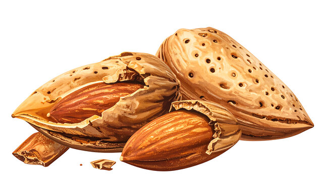 Group of whole and cracked almonds in shells showing raw nut kernels.