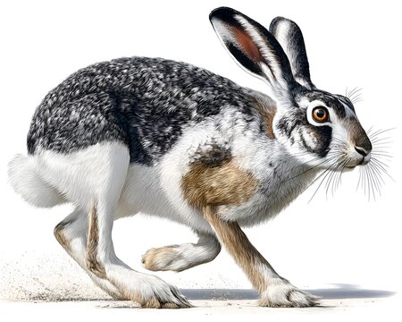 Vibrant and detailed illustration of a jackrabbit running at high speed, kicking up dust on a clean white background