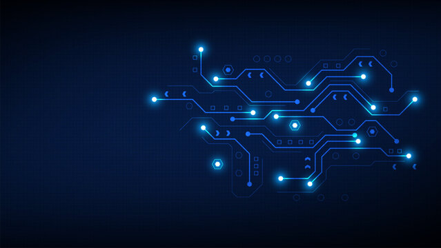 Abstract blue digital circuit board vector background with glowing light connections