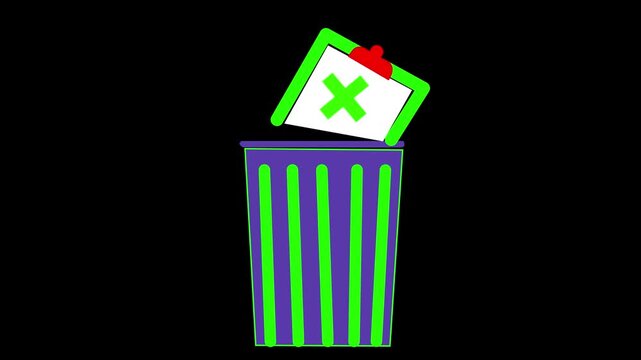Clipboard with a green checkmark symbol being placed into a recycling bin represents administrative efficiency and the systematic organization of discarded business documents in a modern corporate.