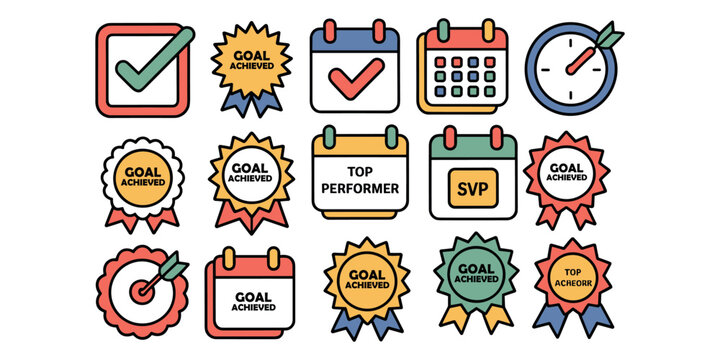 Collection of achievement including checkmarks calendars awards and target with arrow goal success  in white background
