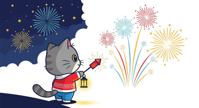 Cute chibi grey tabby cat wearing a red holiday sweater holding a firework rocket and lantern while watching colorful fireworks in a night sky with clouds and stars vector illustration.