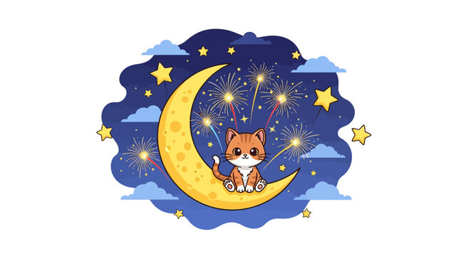Vector illustration of a cute chibi ginger kitten sitting on a yellow crescent moon in a starry night sky with fireworks, clouds, and golden stars on white background.