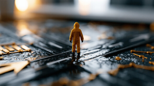 Miniature astronaut figurine standing on a dark reflective surface with golden map