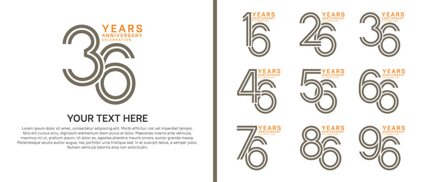 anniversary logo set multiple line style. brown and orange color on white background for celebration moment
