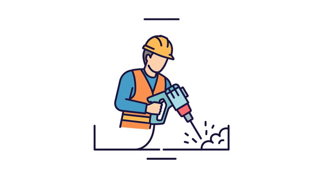 Construction worker operating a jackhammer to break concrete, industrial demolition concept