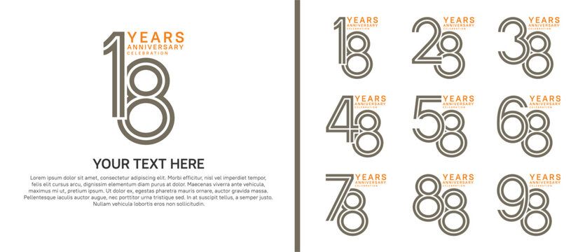 anniversary logo set multiple line style. brown and orange color on white background for celebration moment