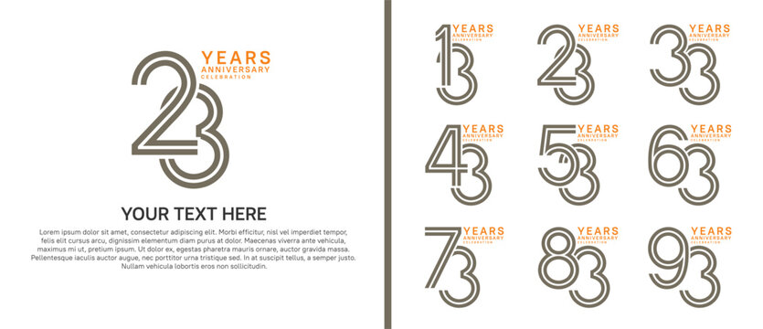 anniversary logo set multiple line style. brown and orange color on white background for celebration moment