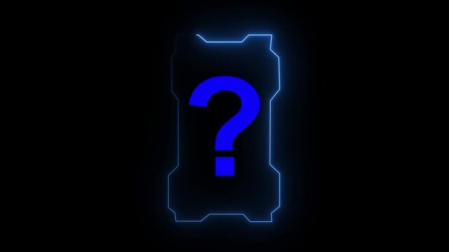 Question mark rendered in bright blue neon light stands centered within a rectangular enclosure to signify deep curiosity or technical challenge in a digital computing environment for end users.