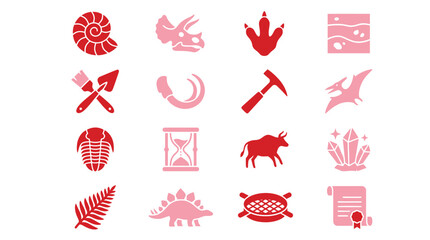 Collection of Dinosaur and Fossil Icons Representing Paleontology and Ancient Life. © xavier
