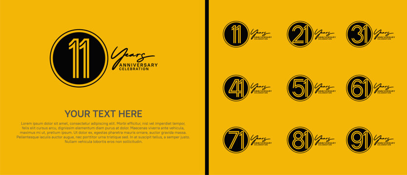 anniversary logo set with circle. black color on yellow background for celebration moment