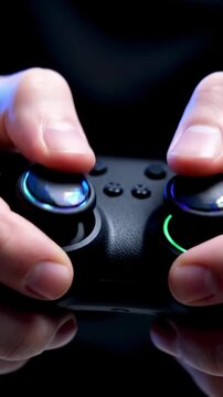 Closeup hands on controller intense pro play, thumb poised on illuminated analog stick, reflected surface, cool blue studio lighting, focused grip, rapid reflexes, competitive energy,