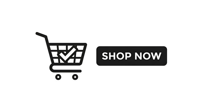 Shopping cart with check mark and shop now button