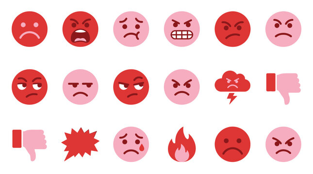 Collection of angry and sad emoticons and icons representing negative emotions and feedback.