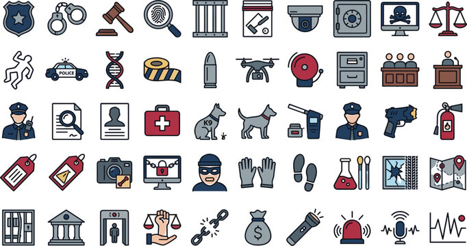 Law enforcement crime investigation justice system and forensic science line icon set for vector design