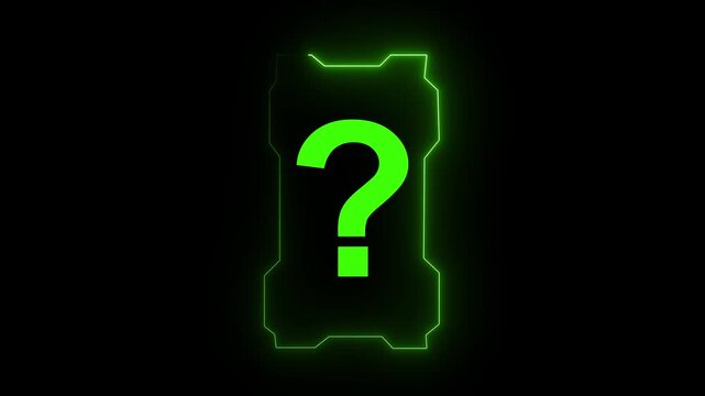 Question mark glowing in vibrant neon green sits inside a metallic frame to represent mystery and uncertainty within technical troubleshooting interfaces or computer software application help menus.