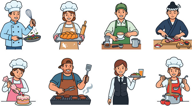 Culinary and Restaurant Profession Character Icon Set Featuring Chefs Bakers Barista Sushi Chef and Waitress