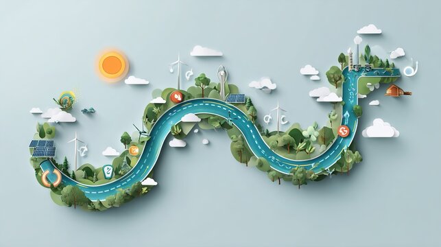 Winding road through green landscape with clouds and sun