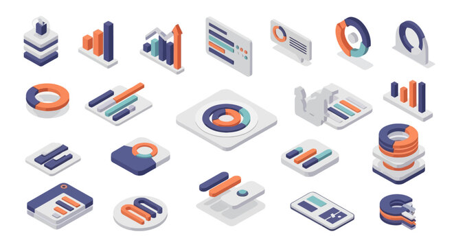 Isometric business data visualization charts and icons set