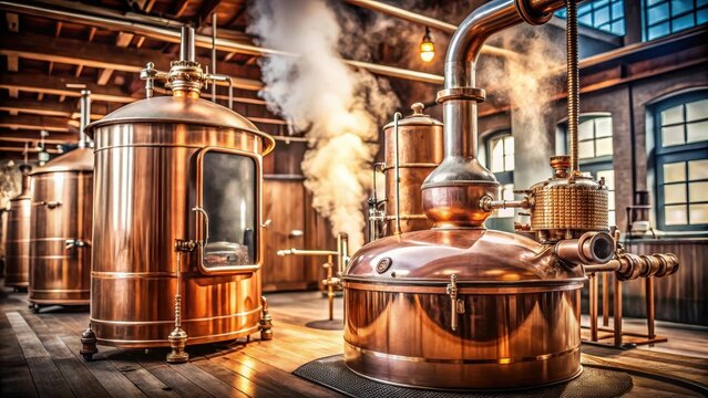 A copper still with steam rising from its surface amidst a backdrop of wooden barrels and fermentation tanks