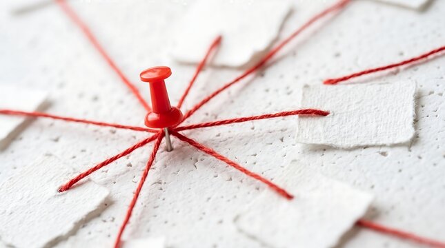 A central red pushpin connected by red strings to multiple white paper notes on a textured background representing networking and investigative work.