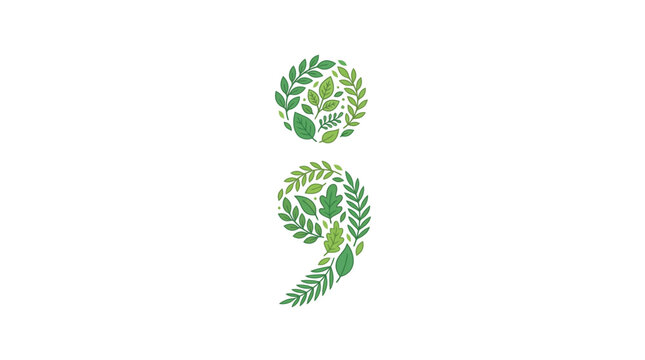A semicolon symbol creatively formed from various green leaves and botanical elements.