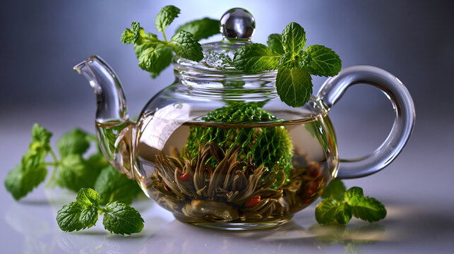 Glass teapot brewing herbal mint tea with fresh peppermint leaves, peppermint
