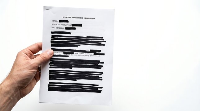 Hand holding a confidential official government memorandum document with heavily redacted blacked out text on a white background.