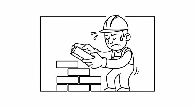 Tired construction worker struggling to lay bricks on a hot day