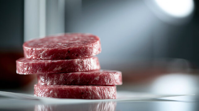 Stack of raw beef ground meat patties ready for professional kitchen cooking