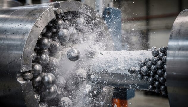 Closeup view of a highenergy ball mill crushing titanium dioxide pigments into uniform fine powders highlighting the intense mechanical grinding process in an industrial setting.