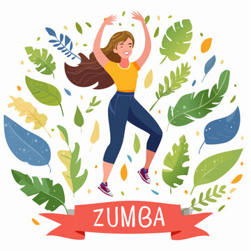 Zumba vector energetic woman dancing surrounded by tropical leaves.